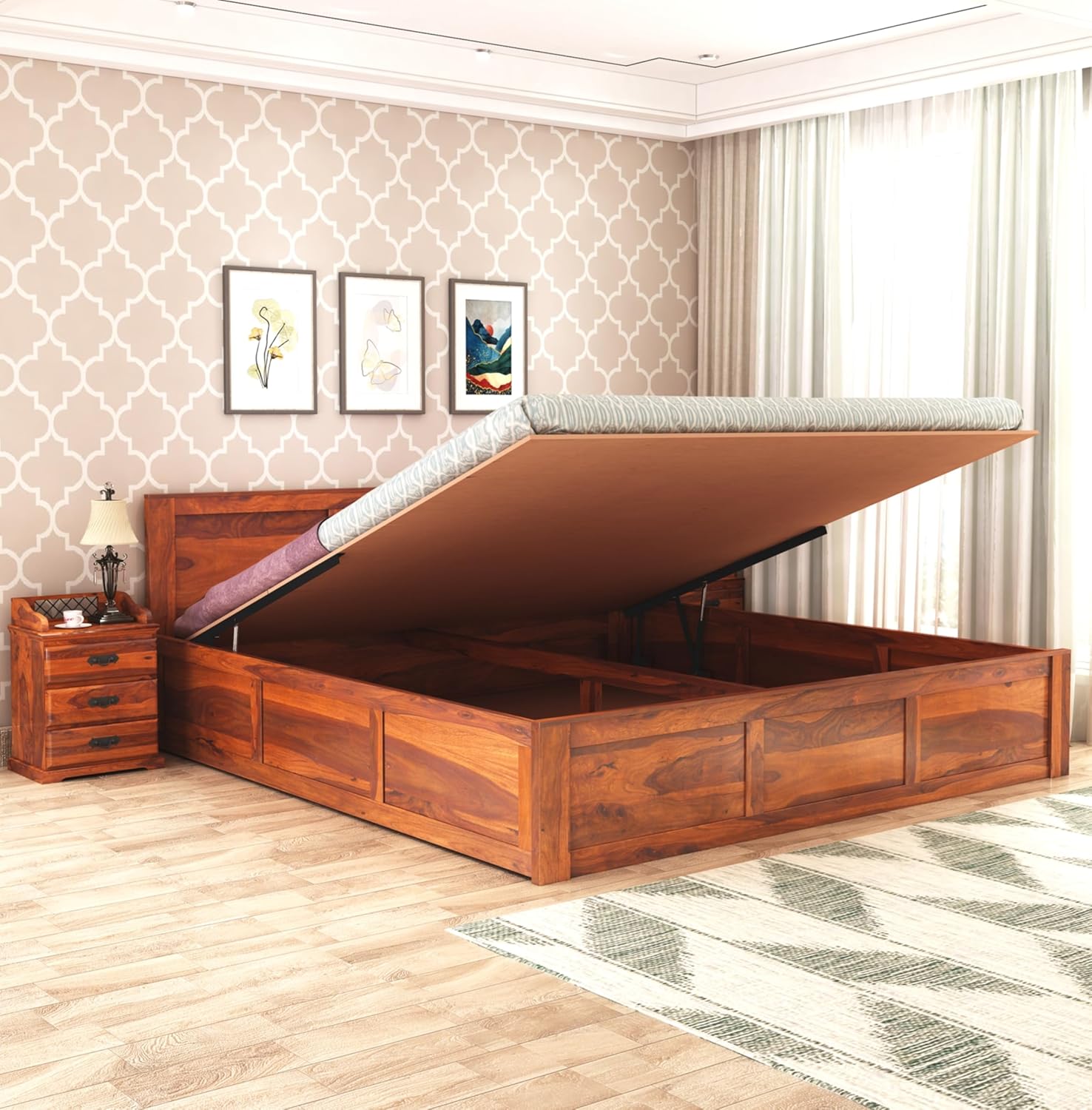 Natural Art & Crafts Boscage Handmade Premium Teak Wood Hydraulic Storage King Size Bed Modern Space Saving Design with Elegant Finish with 2 Bedside Table