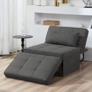 Modern Convertible Ottoman Teak Wood & Metal Frame with Adjustable Backrest Breathable Linen Upholstery Multi-Function Folding Sofa Cum Bed