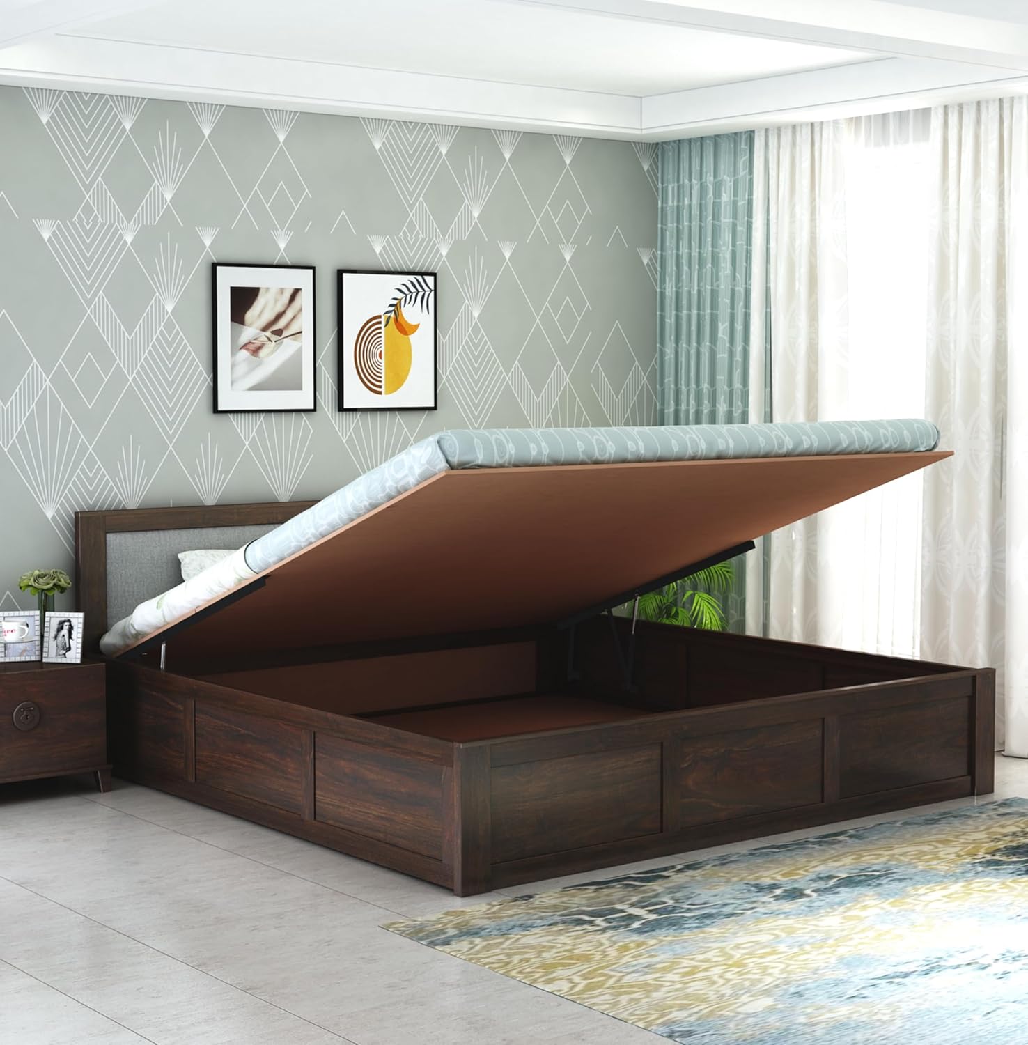 Natural Art & Crafts Fanzine Handmade Premium Teak Wood Hydraulic Storage King Size Bed Modern Space Saving Design with Elegant Finish