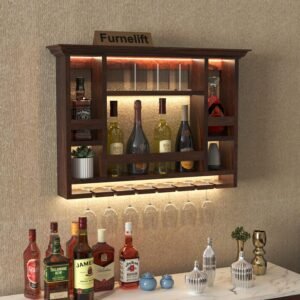 Rustic Elegant Wooden Wall Mounted Wine Rack, Bar Cabinet with, Wall Hanging Mini Bar for Home (Walnut Finish)