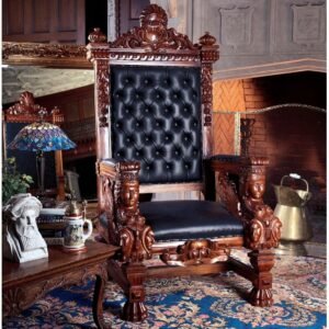 Toscano Design High Back Royal Throne Chair Hand Carved Teak Wood with Faux Leather & Crystal Buttons Antique Luxury Chair