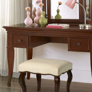 Backless Vanity Teak Wood Rectangular Stool with Nail Head Trim