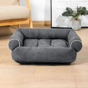Snoozing Teak Wood Dog Bed Plush Upholstery, Durable Designer Pet Sofa Luxury Comfortable
