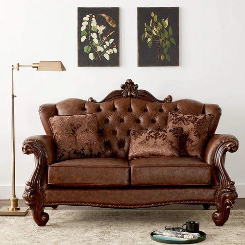 Hand-Carved Teak Wood 2-Seater Chaise Lounge with Leatherette Fabric ( Brown )