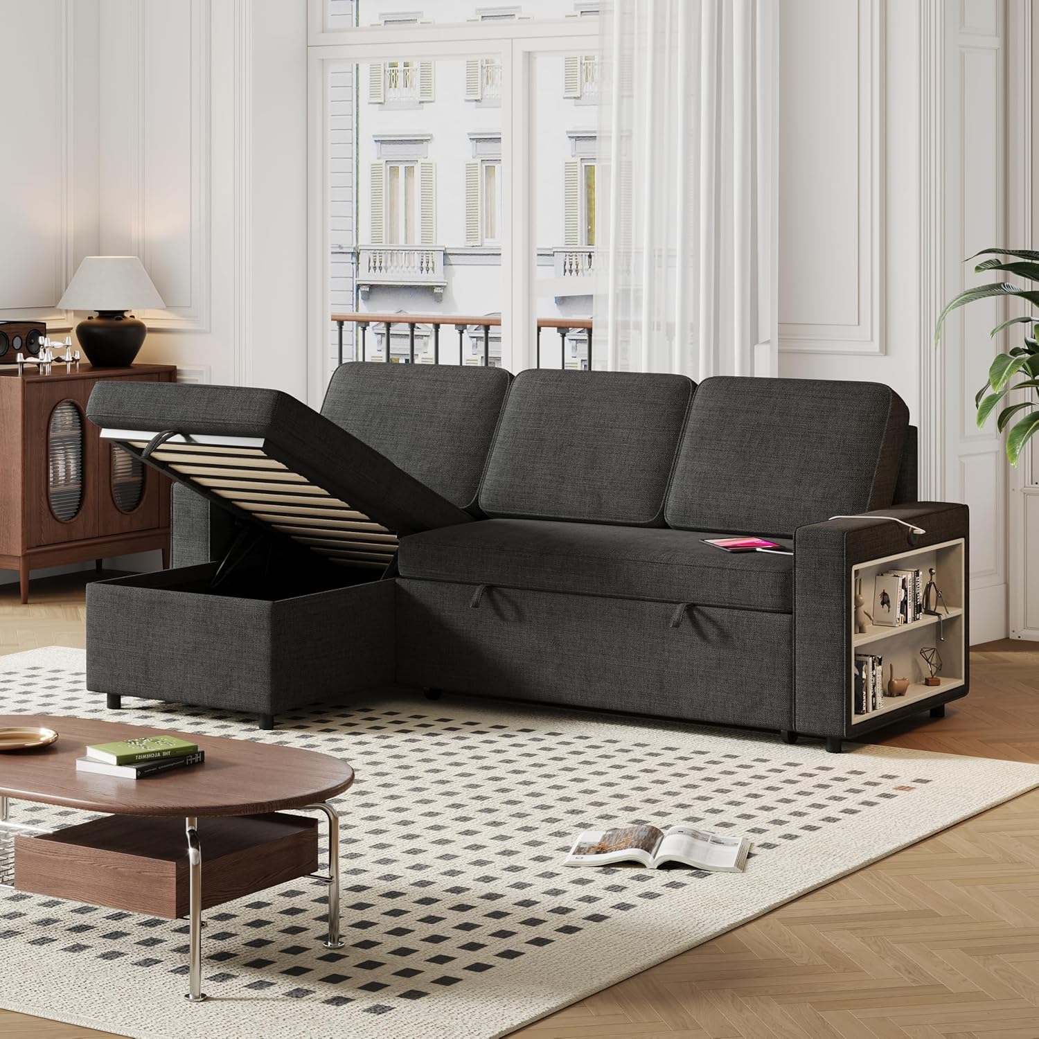 Sectional L-Shape Sofa with 2 Storage Racks Modern Convertible Modular Sofa for Living Room, Space-Saving
