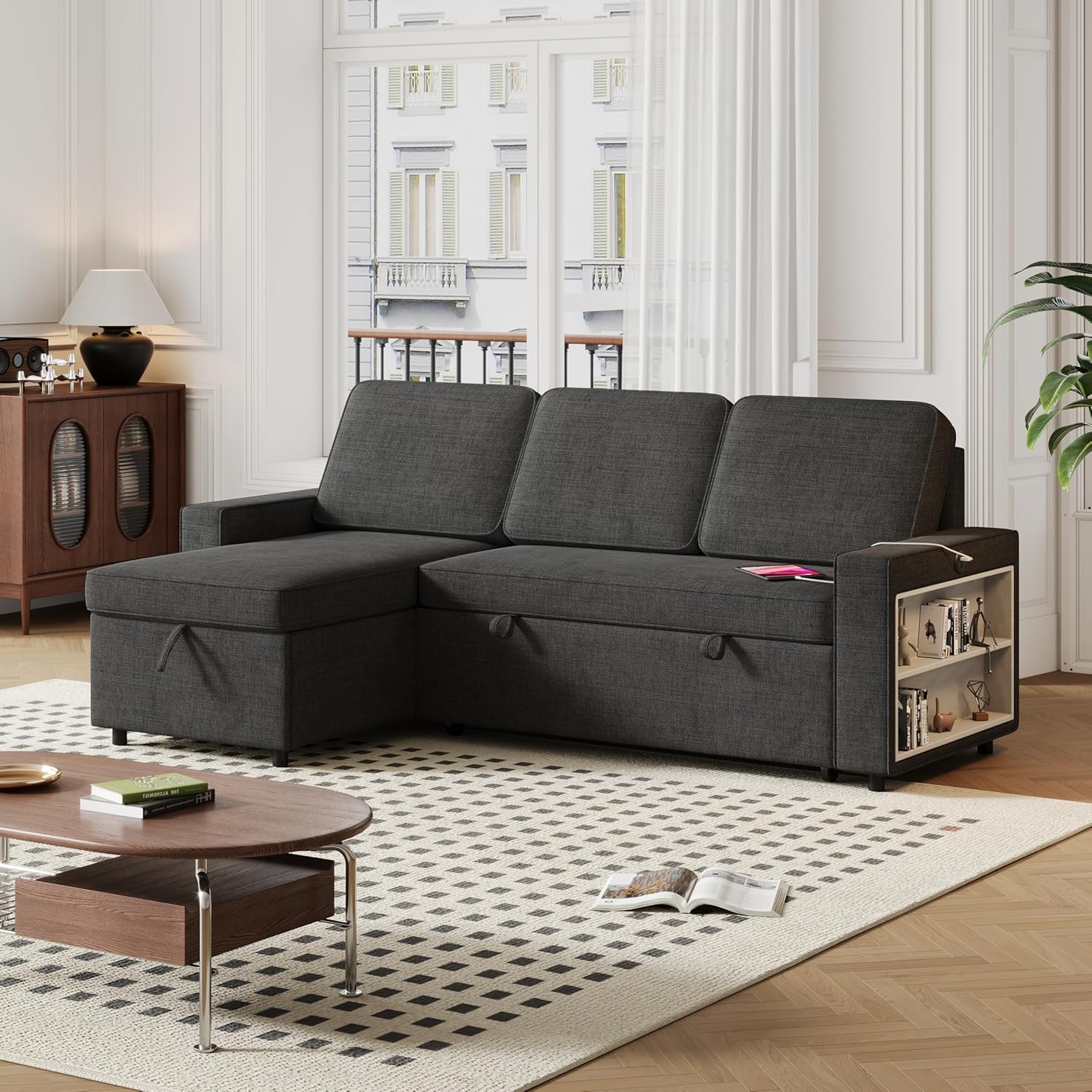 Sectional L-Shape Sofa with 2 Storage Racks Modern Convertible Modular Sofa for Living Room, Space-Saving - Image 2