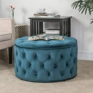 Wide Velvet Tufted Round Storage Ottoman with Storage (Blue)