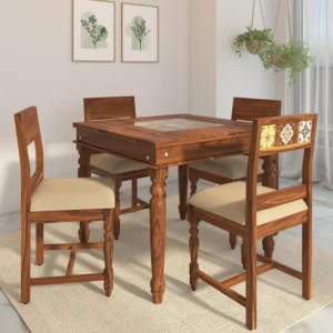 Anamika Handmade Teak Wood 4 Seater Square Dining Table Set Elegant Solid Wood Dining for Kitchen and Dining Room