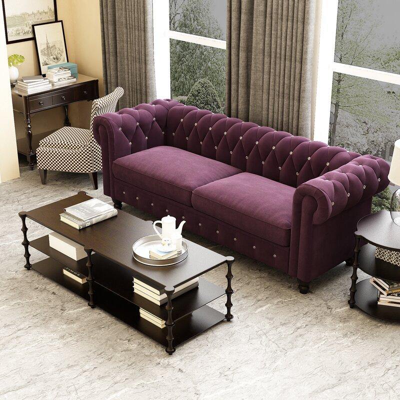 Graceful 3-Seater Velvet Fabric Button Tufted Rolled Arm Chesterfield Sofa ( Purple )