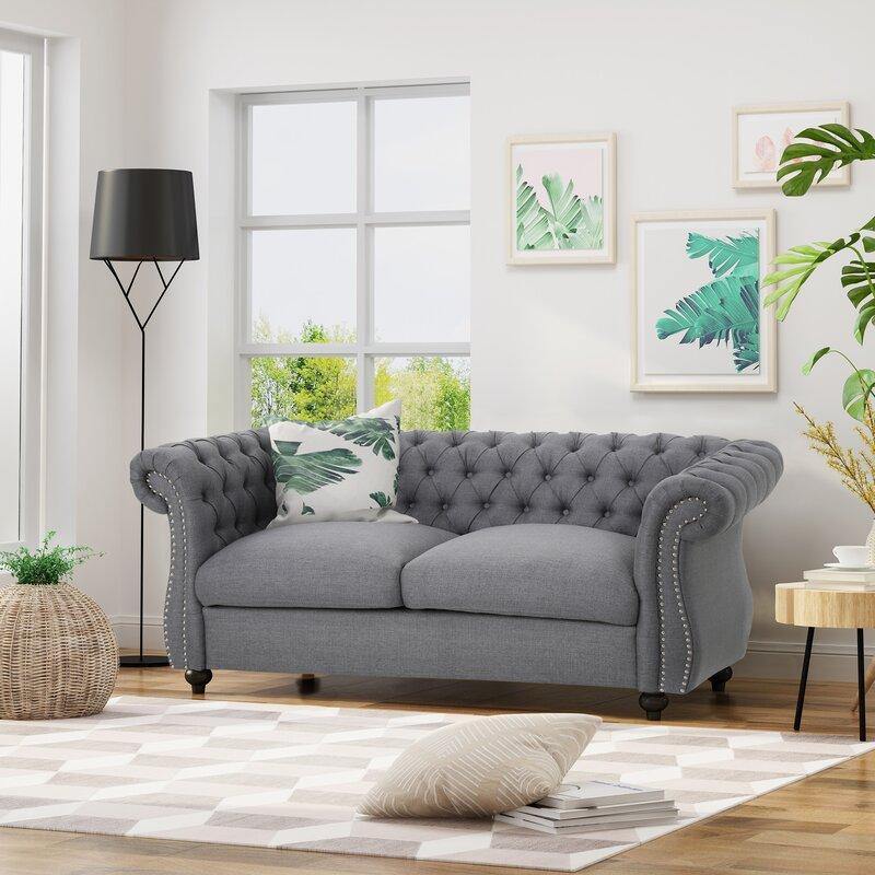Graceful 2-Seater Velvet Fabric Button Tufted Rolled Arm Chesterfield Sofa ( Grey )