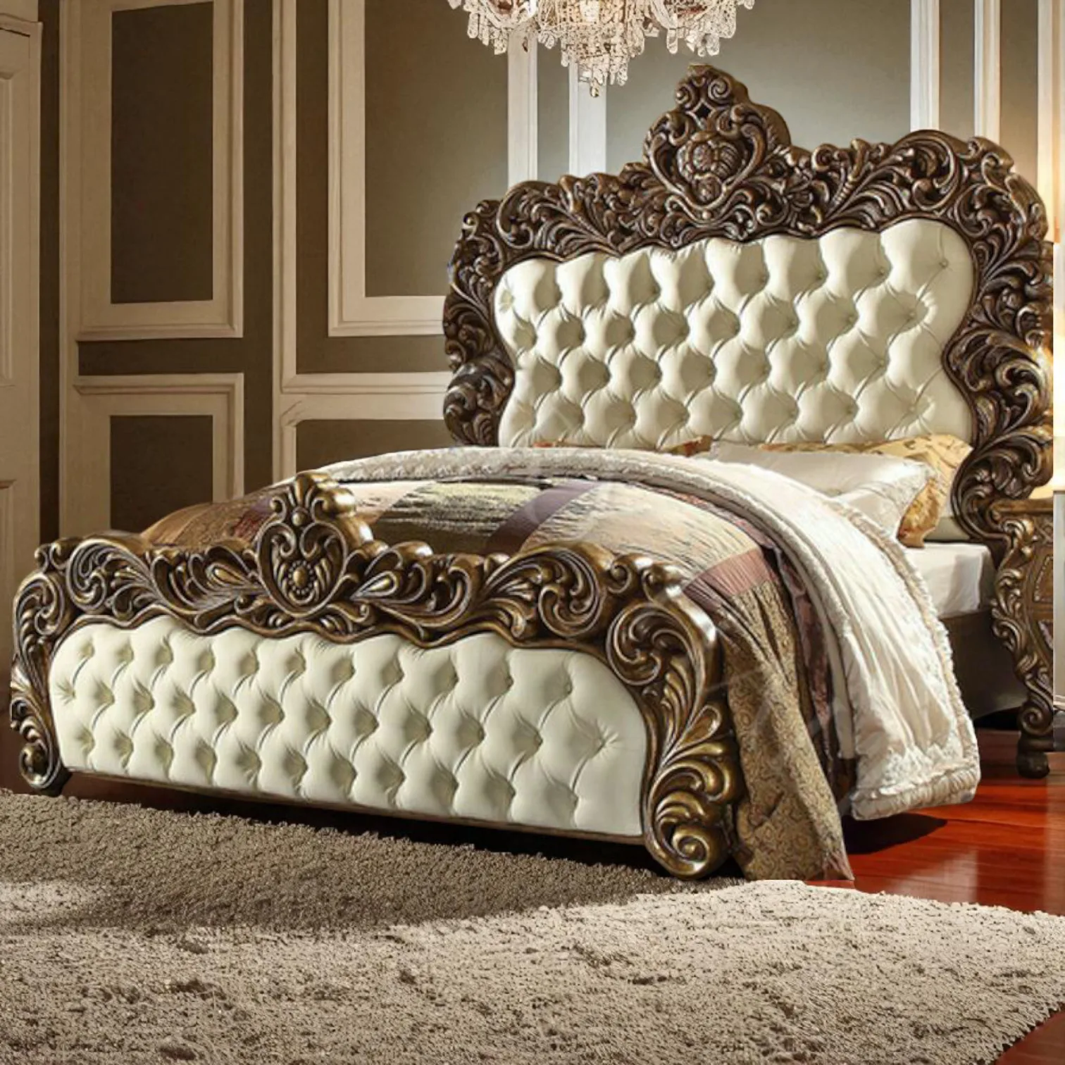 Royal King Size Carving Bed with Antique Gold Finish ACB03