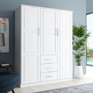 Bassam Teak Wood Multipurpose Storage Wardrobes & Dressers for Elegant Bedroom Storage Solution with 3 Drawers (White)