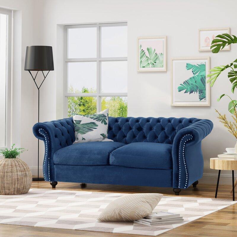 Graceful 2-Seater Velvet Fabric Button Tufted Rolled Arm Chesterfield Sofa ( Blue )