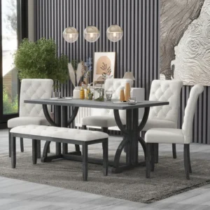 Burdette Luxe Modern Teak Wood Rectangular 6 Seater Dining Table Set with 1 Bench Elegant Dining Room for Family and Entertaining