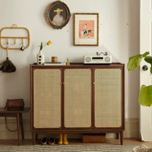 Cane Teak Wood Shoe Rack Cabinet, with 3 Doors Space-Saving Shoe Storage Organizer for Entryway & Hallway
