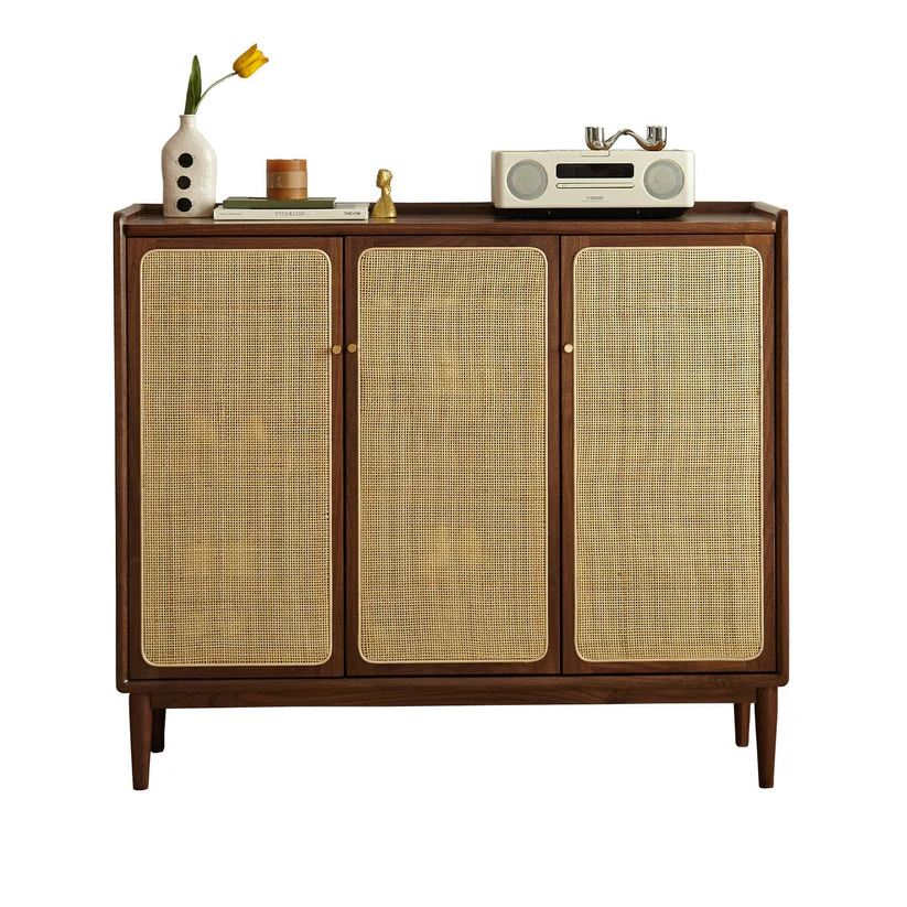 Cane Teak Wood Shoe Rack Cabinet, with 3 Doors Space-Saving Shoe Storage Organizer for Entryway & Hallway - Image 4