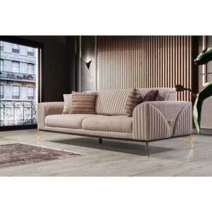 NATURAL ART & CRAFT ) 3+2 Armchair Soft Touch Velvet 5 Seater Sofa Set in (Teak Wood) for Living Room..