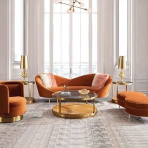 Velvet 3 Seater Sofa with Curved Arms and Ottoman...(ORANGE)