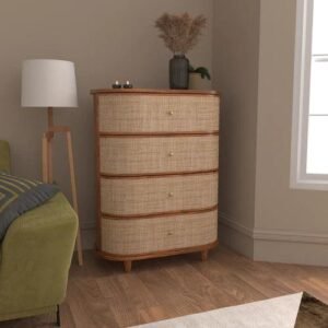 Curve Rattan Rosewood Chest of 4 Drawers Cabinet Rustic Storage Organizer for Home Décor