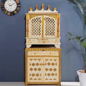 Mandap Traditional Handmade Teak Wood Pooja Temple with Storage for Daily Prayers (Antique White & Golden)