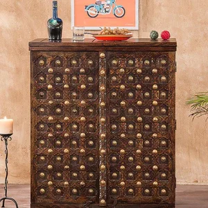 Royal Design Storing Handmade Teak Wood Bar Cabinet Stylish Look for Wine, Liquor, Glasses (Brass Stone)