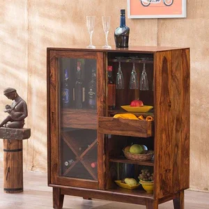 Eva Handmade Teak Wood Bar Cabinet Stylish Liquor and Wine Storage Cabinet for Glasses and Bottles Modern Rustic Design (Brown)