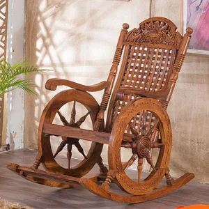 Natural Art & Crafts Hand Carved Teak Wood Rocking Chair, Retro Wheel Design, Honey Finish Sturdy, Vintage, and Perfect for Living Room, Porch, or Patio