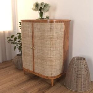 Hunky Curve Rattan Rosewood Door Cabinet Storage Rustic Storage Organizer for Home Décor