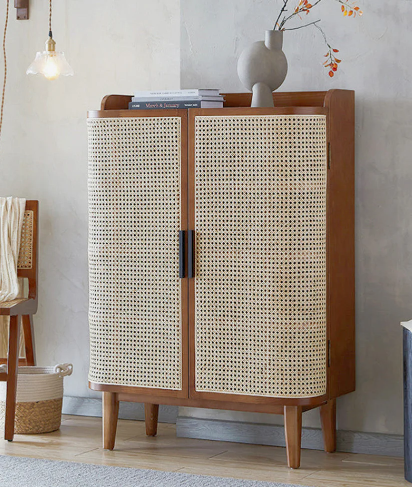 Eddy Teak Wood Rattan Shoe Rack Space-Saving Storage Organizer for Entryway & Hallway - Image 4