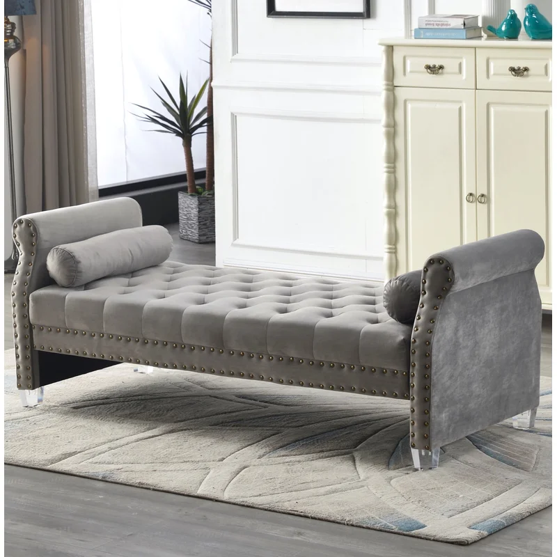 Natural Art & Craft Fleeton Entryway Button Tufted Teak Wood 3-Seater Bench with Rolled Arm Velvet Fabric ( Grey )