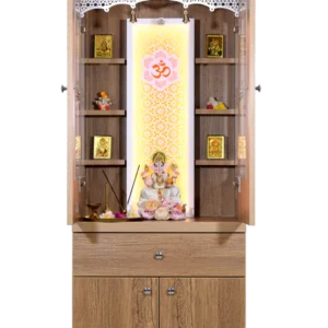 Functionality Traditional Handmade Teak Wood Pooja Temple Attached with Led Light for Daily Prayers (Natural Teak Finish)