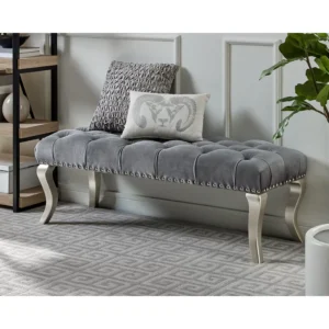 Natural Art & Craft Garza Button Tufted Teak Wood Upholstered Bench Luxury Entryway for Living Room and Bedroom ( Grey )
