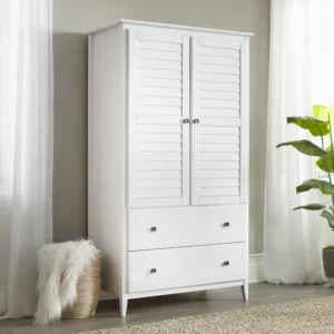 Greenport Teak Wood Multipurpose Storage Wardrobes & Dressers for Elegant Bedroom Storage Solution with 2 Drawers and 2 Doors (Brushed White)