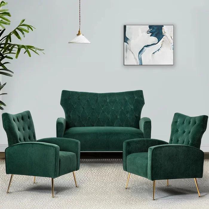 Natural Art & Craft Wooden Square Arm Loveseat Wing Back Chair Set 2+1+1 with Metal Legs ( Green )