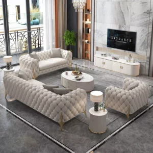 Perfectly Modern Button Tufted Teak Wood 3+2+1 Chesterfield Sofa Set with 2 Bedside Tables and 1 Coffee Table for Your Living Room
