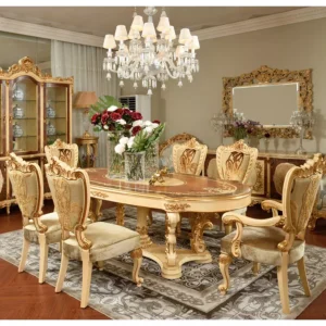 Oval Antique Golden Finish Hand Carved Teak Wood 6 Seater Dining Table Set for Luxury Dining Room