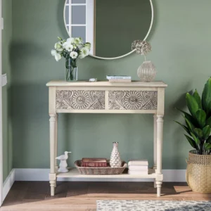 Habra Hand Carving Teak Wood Console Table with 2 Drawers Storage Rack for Living Room (Antique White)