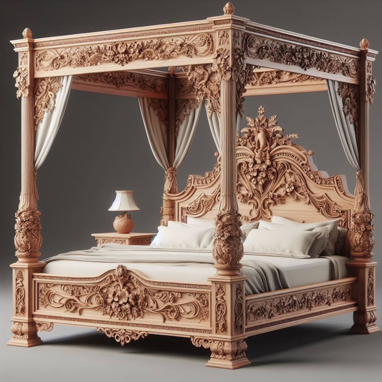 Royal Canopy Hand-Carved Teak Wood King Size Bed Luxurious Antique-Style Wooden Bed for Elegant Bedrooms