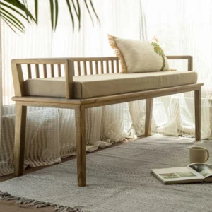 Hemis Teak Wood Rectangular Bench Handcrafted Rustic Modern Living Room Seating with Natural Texture