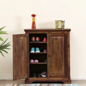 Zddy Teak Wood Shoe Rack Cabinet Space-Saving Storage Organizer for Entryway & Hallway (Walnut Finish)