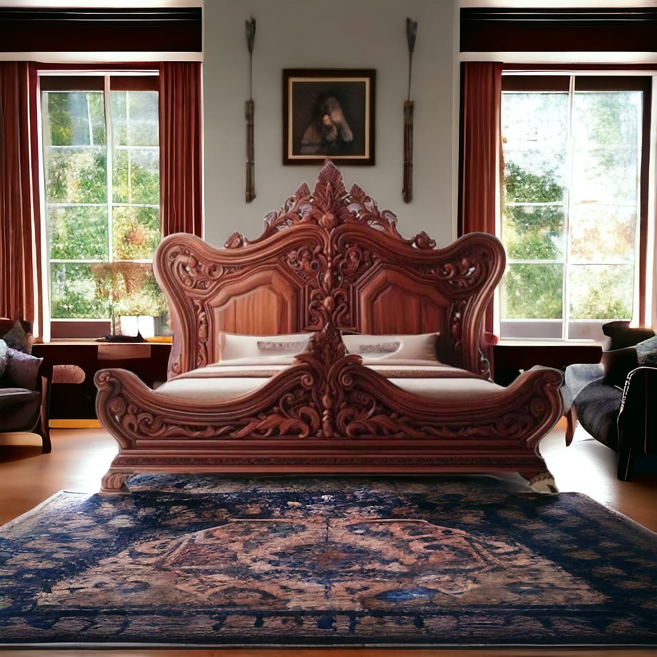 Glorious Hand Carved Teak Wood King Size Bed, Royal Look Luxury Traditional Bedroom ( Brown )