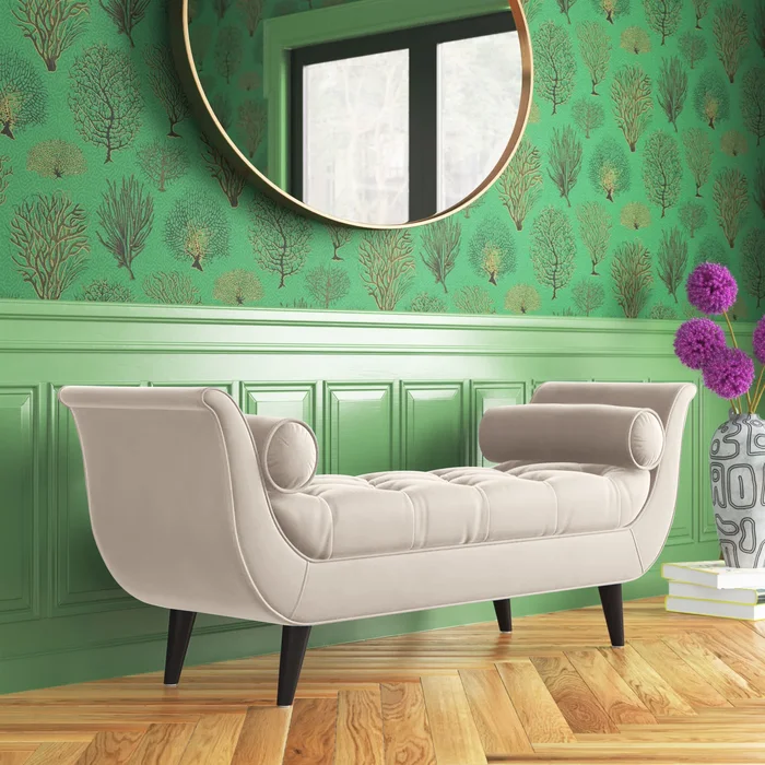 Natural Art & Craft Lucien Button Tufted Teak Wood Upholstered Bench Luxury Entryway Bench for Living Room and Bedroom