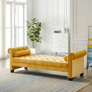 Natural Art & Craft Minorca Entryway Button Tufted Teak Wood 3-Seater Bench with Rolled Arm Velvet Fabric ( Yellow )