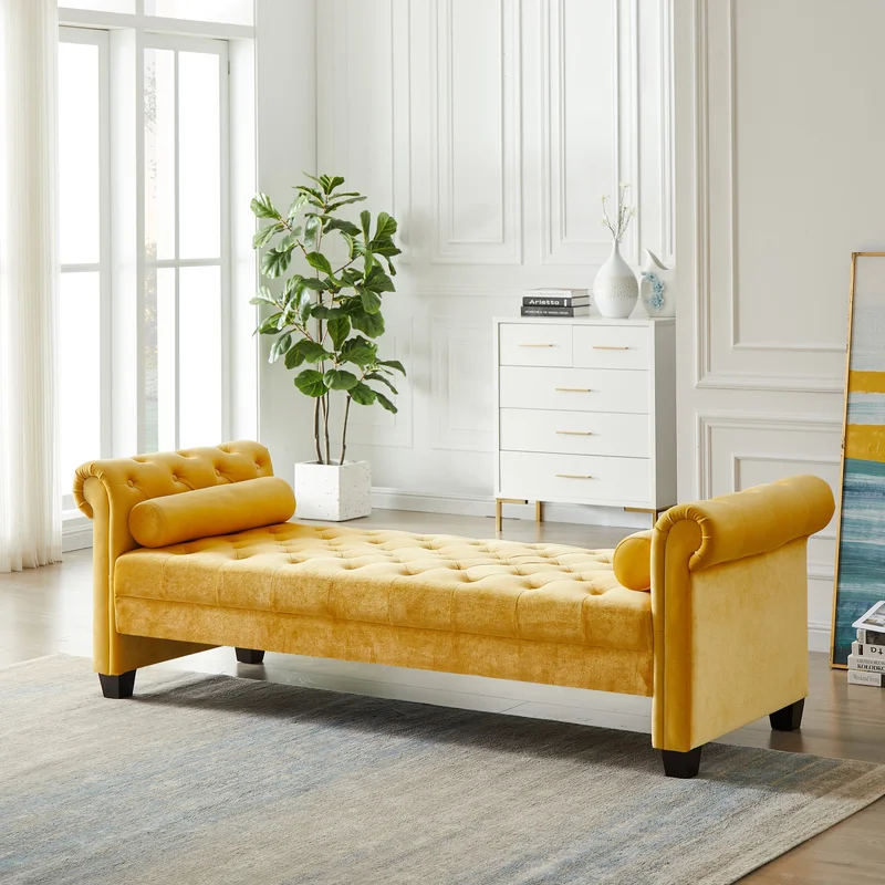 Natural Art & Craft Minorca Entryway Button Tufted Teak Wood 3-Seater Bench with Rolled Arm Velvet Fabric ( Yellow )