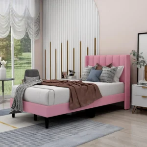 Natural Art & Craft Modern Rectangular Velvet Upholstery Bed with Soft Wingback Headboard ( Pink )