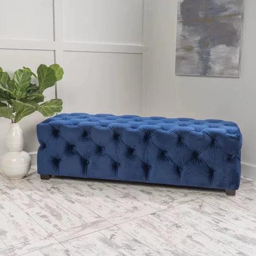 Natural Art & Craft Wide Tufted Rectangular Bench Modern Velvet Fabric Upholstered with Teak Wood Frame for Living Room ( Blue )