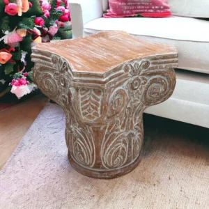 Hand Carved Pedestal Style End Table Mango Wood