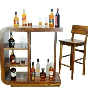 Curve Edge Handmade Teak Wood Bar Cabinet Stylish Liquor and Wine Storage Cabinet for Glasses and Bottles Modern (Walnut Oak Finish)