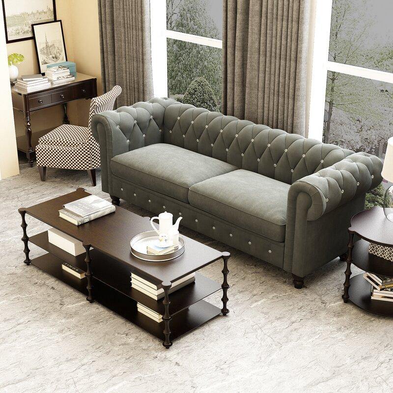 Graceful 3-Seater Velvet Fabric Button Tufted Rolled Arm Chesterfield Sofa ( Grey )