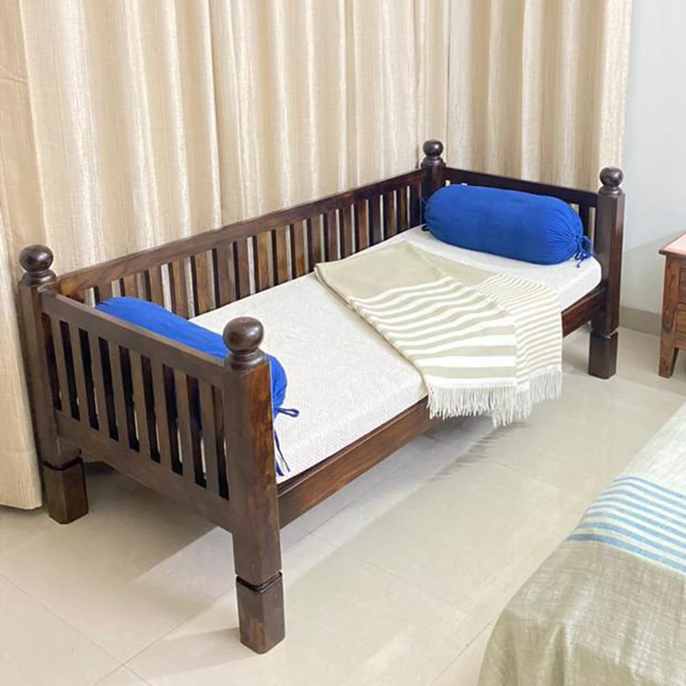Marigold Handmade Rectangular Teak Wood Diwan Bed for Living Room Bedroom (Walnut Finish) - Image 2